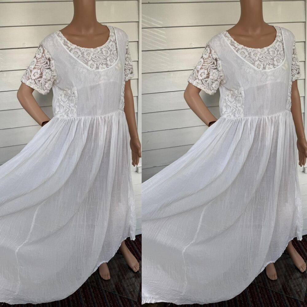 90s Vintage White Sheer Gauze Lace Dress M